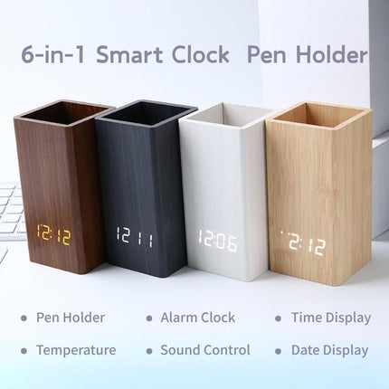 Daraume Voice-Activated Digital Wooden Pen Holder Alarm Clock, Home Office Pen Holder Desktop Pen Cup Electronic Pen Cup Multifunctional LED Desktop Clock