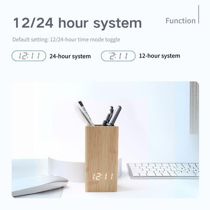 Daraume Voice-Activated Digital Wooden Pen Holder Alarm Clock, Home Office Pen Holder Desktop Pen Cup Electronic Pen Cup Multifunctional LED Desktop Clock